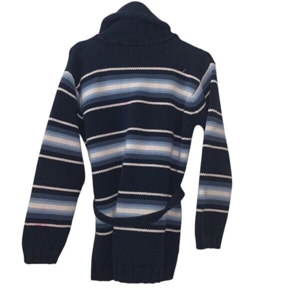 Liz Claiborne Navy Blue Striped Cardigan Sweater With Belt S 100% Cotton Womens - Picture 4 of 6